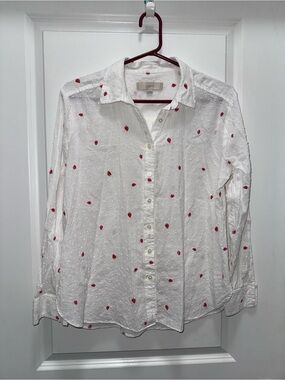 LOFT White Button-Down Blouse with Red Strawberries Embroidery